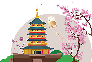 清新暗粉色底纹日本旅游装饰元素