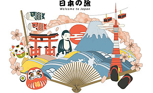 清新粉色手绘日本旅游装饰元素