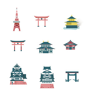 清新建筑手绘日本旅游装饰元素