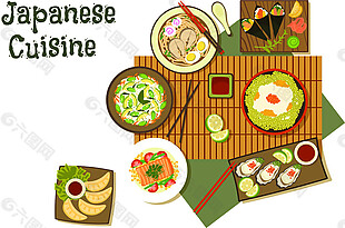 清新绿色调手绘日式料理美食装饰元素