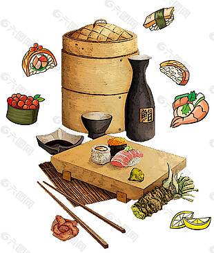 清新手绘日式料理美食装饰元素