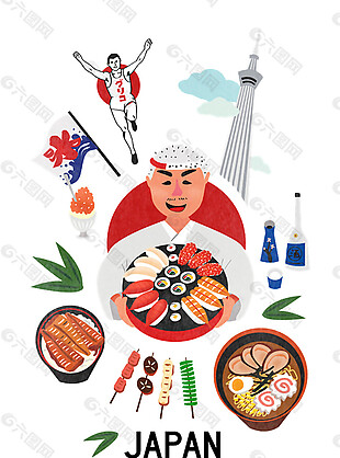 清新简约手绘日式料理美食装饰元素