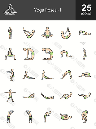 50个瑜伽姿势填充的线性图标