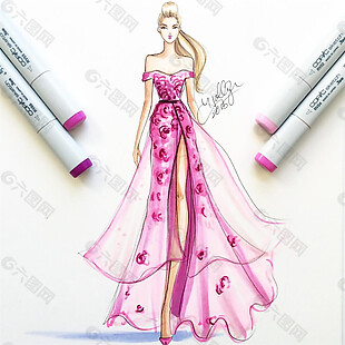 粉色抹胸开叉长裙礼服设计图