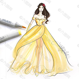 黄色抹胸纱裙设计图