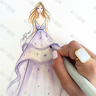 紫色深V礼服设计图