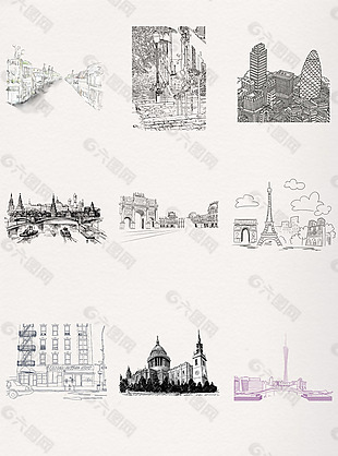 简约线稿手绘城市图