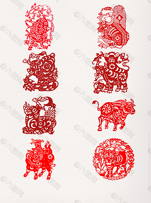红色动物牛剪纸窗花素材PNG