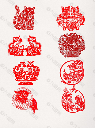 中国红猫咪剪纸元素
