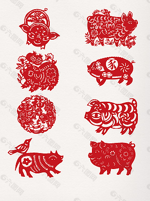 中国红动物猪剪纸PNG免抠元素
