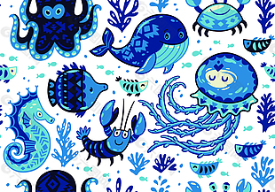 卡通蓝色海洋动物插画
