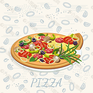 时尚美味的披萨快餐插画