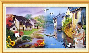 水乡风景油画图片