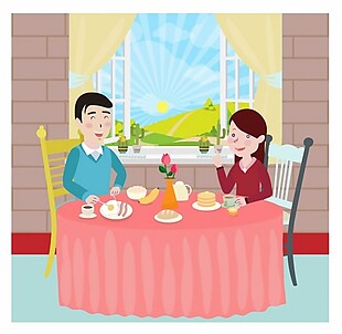 家庭早餐画插图夫妇和餐免费矢量