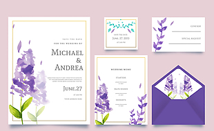 5款水彩绘紫色薰衣草婚礼卡片矢量图