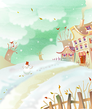 雪景冬季童话故事可愛儿童彩绘矢量23