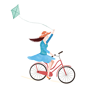 卡通插画手绘风女孩骑自行车放风筝素材设计