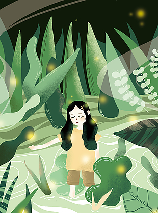 森系女孩创意绿植背景插画