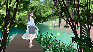 森系女孩丛林漫步创意插画背景