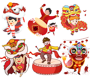 卡通手绘中国风传统舞龙舞狮元素下载