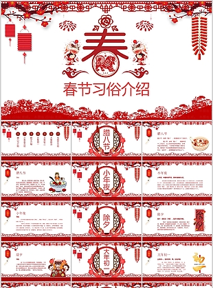 简约红色中式春节习俗介绍PPT模板