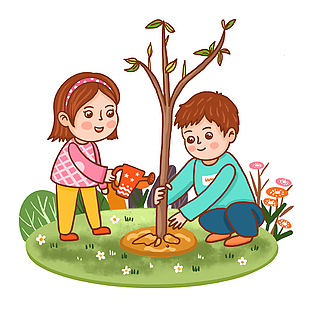 卡通手绘两个小朋友一起种树插画素材