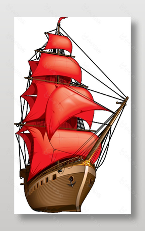 红色古风帆船图案元素